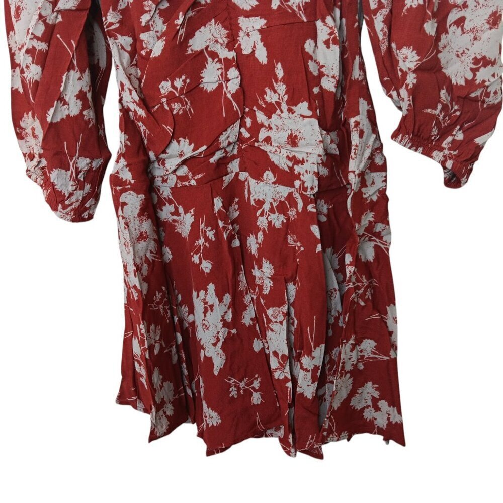 Easel Red Floral Dress Sweetheart Neckline Bubble Sleeve Ruched Bodice SZ L - Picture 10 of 13